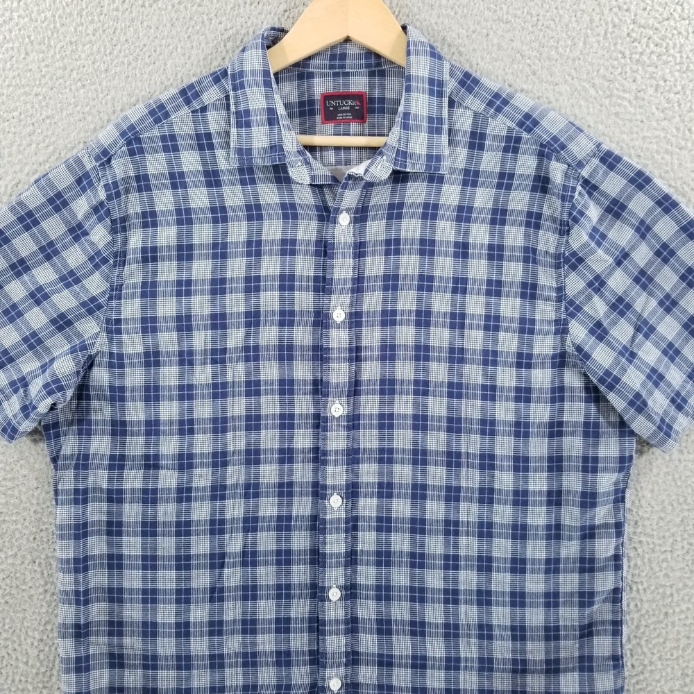 UNTUCKit Shirt Mens Large Navy Plaid Short Sleeve Button Down Regular Zuccardi